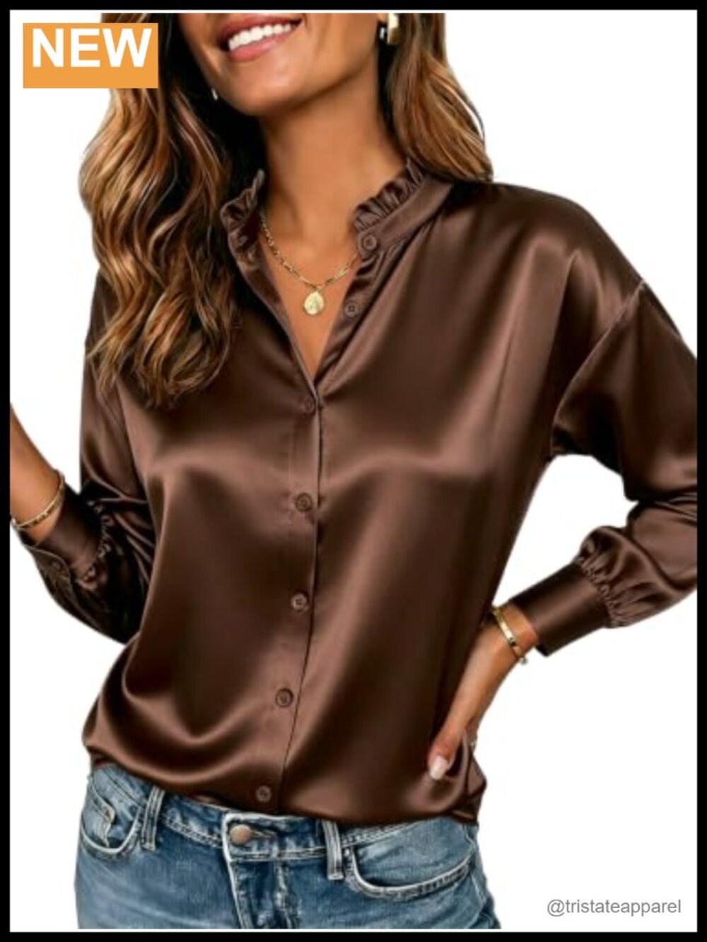 Silky Satin Blouse Long Sleeve Ruffle Collar Button Down Women's Shirt